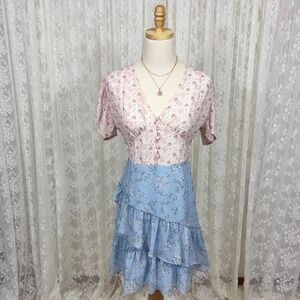 Shabby Chic Floral Dress Pink Blue‎ Women's Large Cottagecore Lightweight